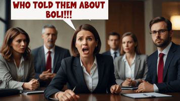 A group of business professionals in a meeting room, with a woman in the foreground exclaiming, "WHO TOLD THEM ABOUT BOLI!!!" Corey Belin at QUEST Financial