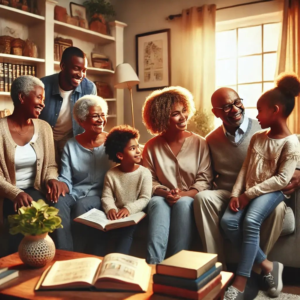 DALL·E 2024-09-02 22.31.17 - A warm, inspiring image of a multigenerational Black family. The scene shows grandparents, parents, and children gathered together in a cozy, well-dec