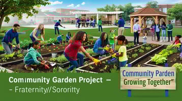  vibrant community garden project spearheaded by fraternity and sorority members, facilitated by Corey Belin & Quest Financial. The image depicts diverse students planting seeds, tending to garden beds, and teaching children about gardening and healthy eating. In the background, some students are engaged in a discussion under a newly built gazebo. The scene showcases teamwork, growth, and community revitalization with a sign that reads "Community Garden Project – Growing Together