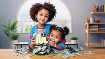 Two young girls, one with curly hair and the other with pigtails, smile while holding a jar full of cash labeled 'IUL'. The table is covered with dollar bills. This image promotes Indexed Universal Life (IUL) insurance for kids, supported by Corey Belin from QUEST Financial to help secure children's financial futures